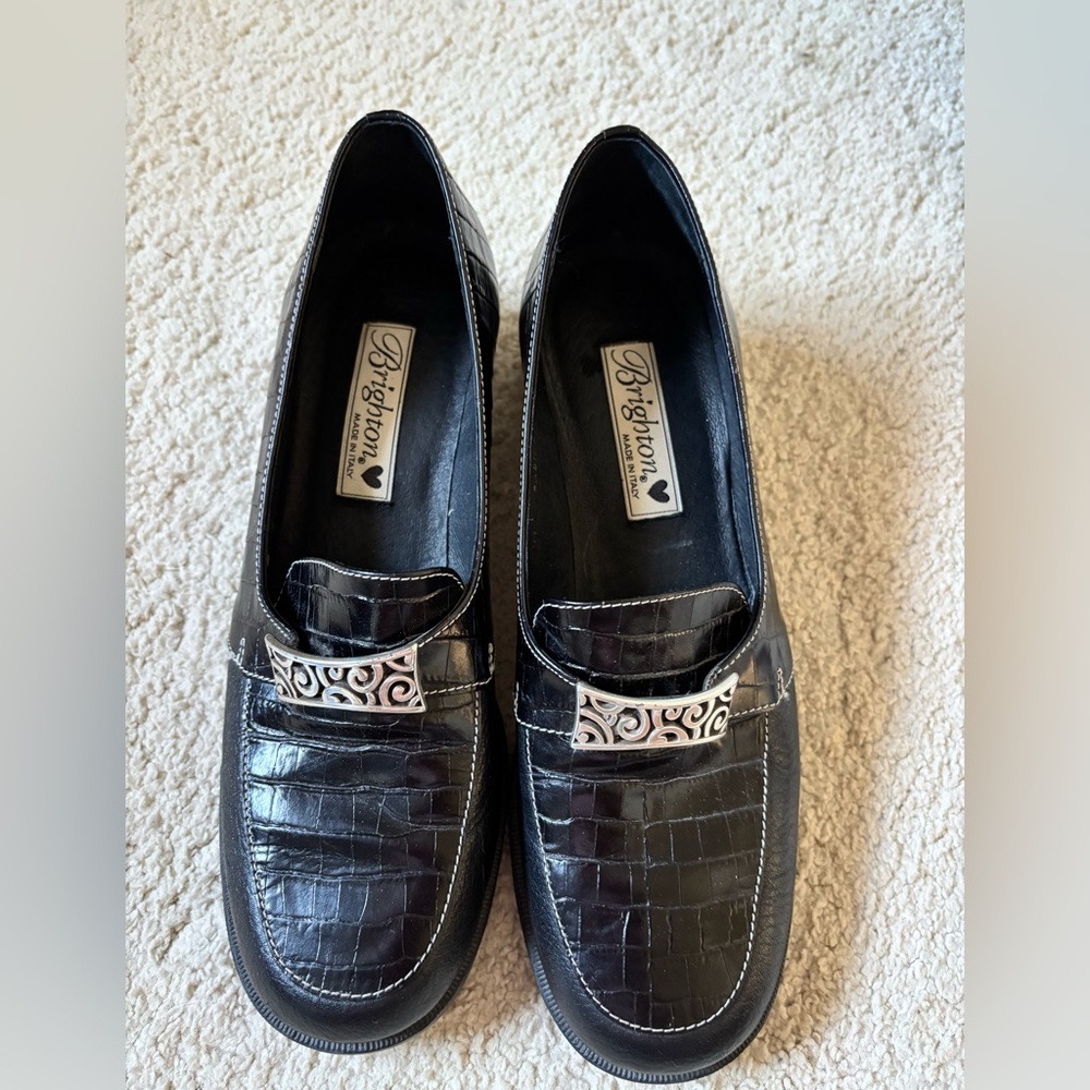 Brighton Women's Black Leather Croc-Embossed Loafers Size 8.5 NEW